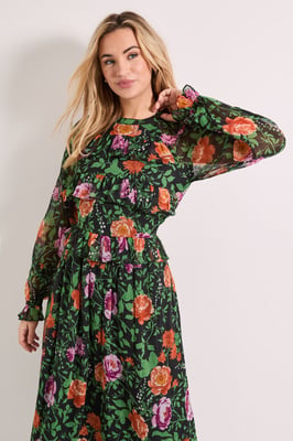High Neck Frill Detail Printed Chiffon Midi Dress