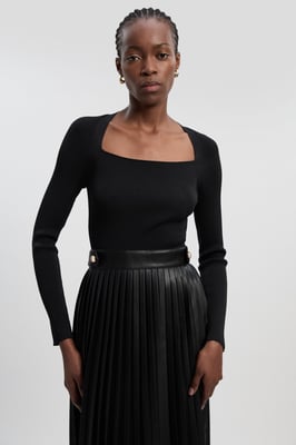 Viscose Rib Pu Mix Tab Detail Pleated Knit Midi Dress