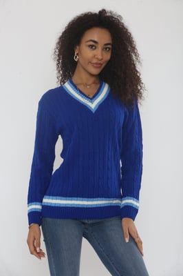 Cable Knit V Neck Jumper with Stripe
