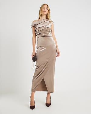 River Island Womens Midi Dress Brown Velvet Sleeveless Drape