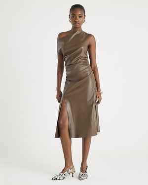 River Island Womens Midi Dress Brown Drape Shoulder Faux Leather