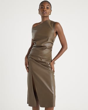 River Island Womens Midi Dress Brown Drape Shoulder Faux Leather