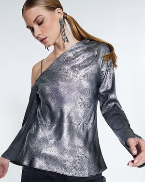 River Island Womens Top Silver Metallic One Shoulder