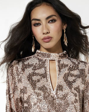 River Island Womens Top Rose Gold Sequin Keyhole Long Sleeve