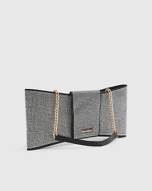 River Island Womens Clutch Bag Black Satin Diamante Bow