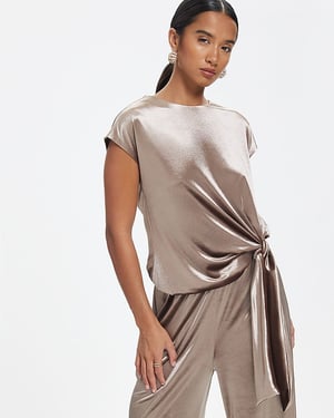 River Island Womens Top Brown Velvet Tie Side