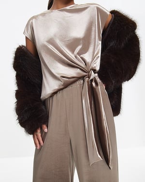 River Island Womens Top Brown Velvet Tie Side