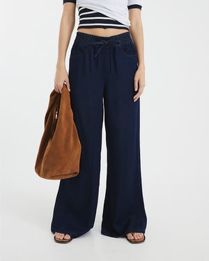 River Island Womens Wide Leg Jeans Blue Drawstring