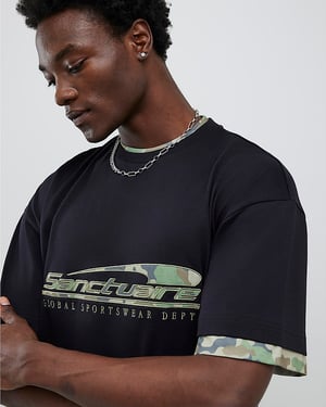 River Island Mens T-Shirt Black Oversized Fit Camo Sanctuaire