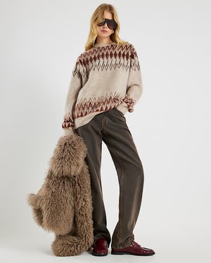 River Island Mens Jumper Beige Regular Fit Fairisle