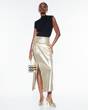 River Island Womens Midi Skirt Gold Faux Leather Twist Side