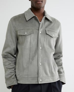 River Island Mens Western Jacket Grey Regular Fit Faux Suede