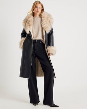River Island Womens Trench Coat Black Faux Shearling Lined