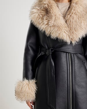 River Island Womens Trench Coat Black Faux Shearling Lined