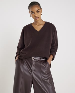 River Island Womens Jumper Brown Knitted V-Neck