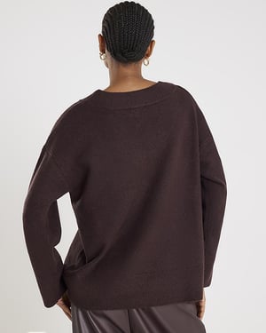 River Island Womens Jumper Brown Knitted V-Neck