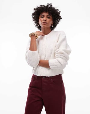 Topshop stickad crew boucle cardigan i krämfärgad