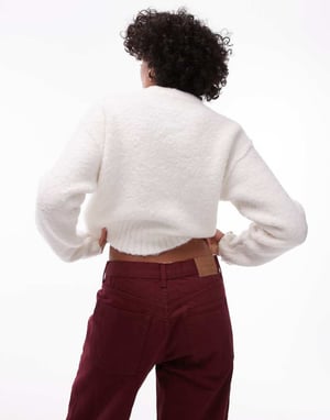 Topshop stickad crew boucle cardigan i krämfärgad