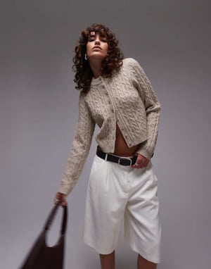 Topshop stickad kabelmikrocardigan i havre
