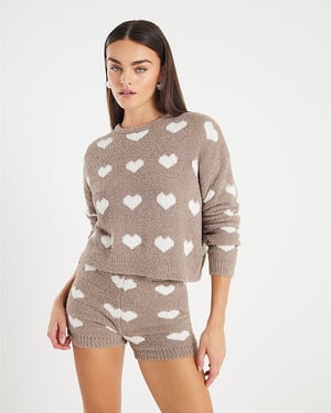 River Island Womens Jumper & Shorts Set 2 Piece Brown Fluffy Heart