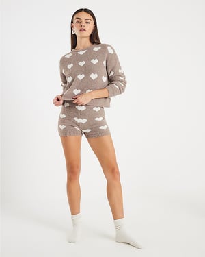 River Island Womens Jumper & Shorts Set 2 Piece Brown Fluffy Heart