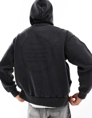 ADPT oversized hoodie med ryggtryck i svart acid wash