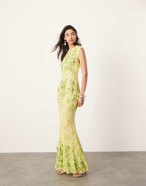 ASOS EDITION genomskinlig broderad blommig spetsmaxiklänning med öppen rygg i limegrön
