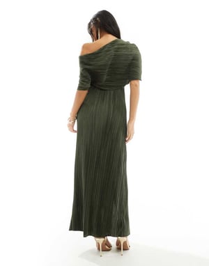 ASOS DESIGN Petite två-i-ett off-shoulder plissé maxiklänning i khaki