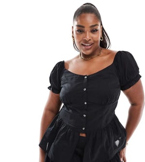 ASOS DESIGN Curve puffärmad knapp-up mjölkerska topp i svart