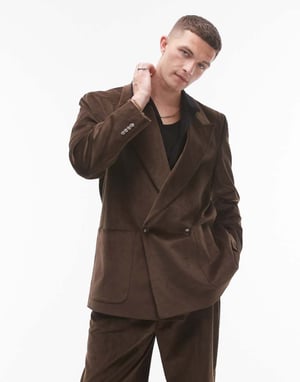 Topman oversized dubbelknäppt cordjacka i brunt