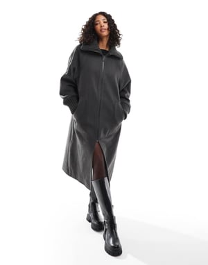 ASOS DESIGN stickad krage lång kappa i kolgrå