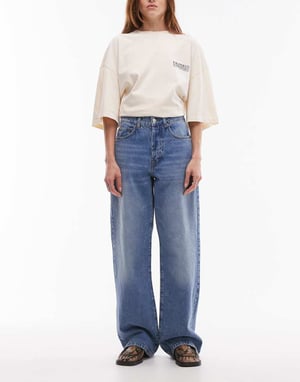 Topshop mellan hög midja lös passform rakjeans i mellanjordblå