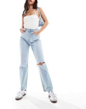 Abercrombie & Fitch 90-talets raka jeans med knäskador i ljus tvättblå