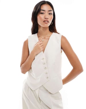 Vero Moda linnekänsla asymmetrisk knapplist väst set i beige