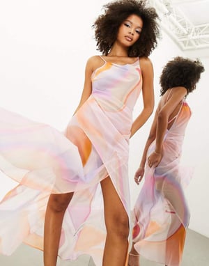 ASOS EDITION cowl neck genomskinlig draped maxi-klänning i mjukt marmortryck