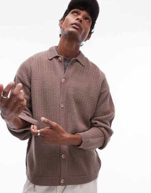 Topman långärmad polo med reverkrage i brunt