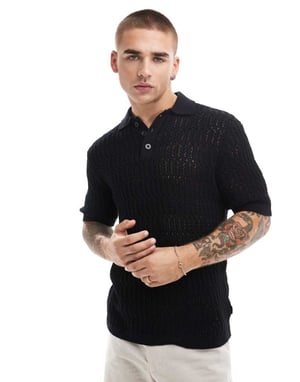 ONLY & SONS öppen stickad polo i svart