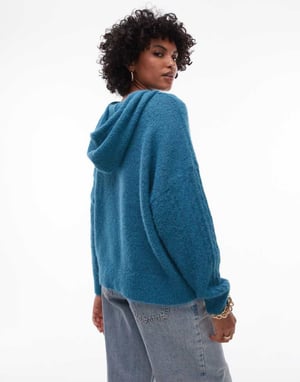 Topshop stickad fluffig kabelhuvtröja i teal