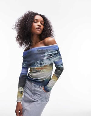 Topshop abstrakt blommig landskap långärmad bardot i blå