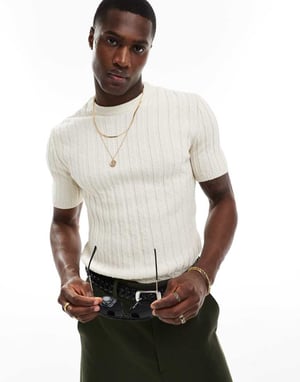 ASOS DESIGN muskelstickad rundhalsad t-shirt i slubbribbad i sten