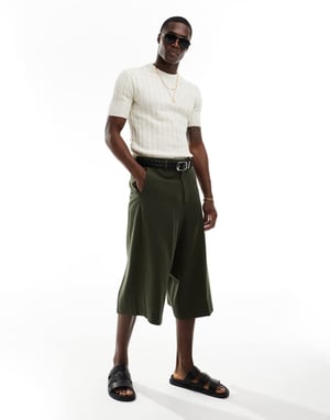 ASOS DESIGN muskelstickad rundhalsad t-shirt i slubbribbad i sten