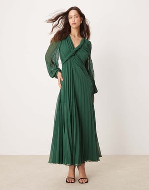 ASOS DESIGN twistdetalj omslagsmidiklänning med plissering i skogsgrön