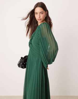 ASOS DESIGN twistdetalj omslagsmidiklänning med plissering i skogsgrön