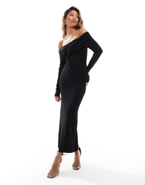ASOS DESIGN axelband-löst snurr midi-klänning med långa ärmar i svart