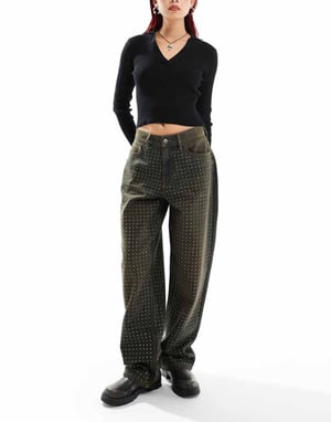 COLLUSION X001 antifit jeans med diamanta i brunt - BRUN