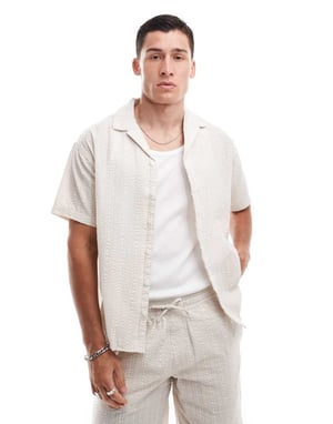 Jack & Jones koord oversized reverskrage rynkad skjorta i beige