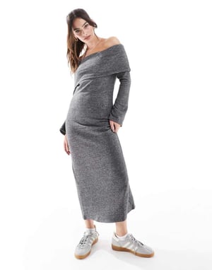 Vero Moda supersoft off shoulder ankellång klänning i mörkgrå melange