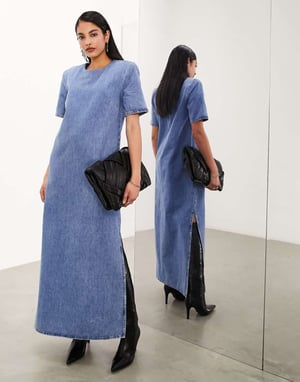 ASOS EDITION denim axelpadds midaxi klänning i blått