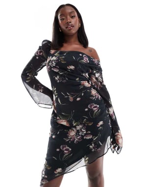 ASOS DESIGN Curve asymmetrisk blommönstrad långärmad klänning