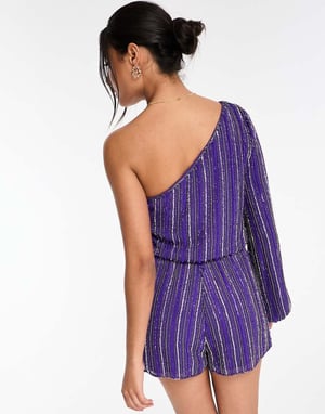 Miss Selfridge Premium dekorerad paljett playsuit med en axel och knytlinning i lila - LILA